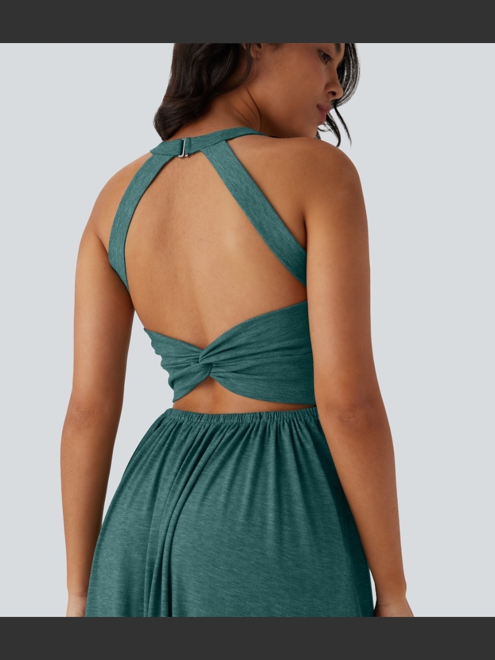 Twisted Backless Split Flowy Maxi Resort Dress With Pockets. Jade Green